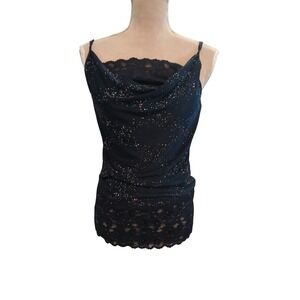 Vtg Vanity Blue Glitter Cowl Neck Cami Top Lace Trim Stretch Womans M Coachella